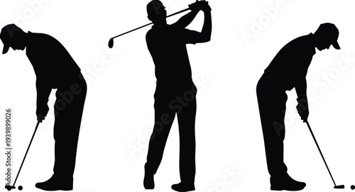 Silhouette golfers in different swing positions, sports training vector illustration, golf putting, follow-through motion, athletic activity, recreation concept design.