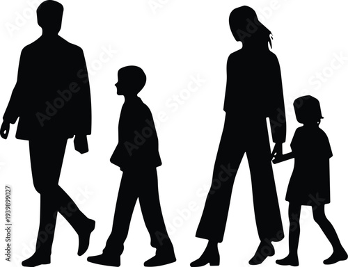 Silhouette family walking together, parents and children holding hands, vector illustration representing parenting, unity, social themes, lifestyle and culture.
