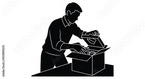 Silhouette of a person carefully unpacking contents from a freshly delivered cardboard shipping box onto a surface