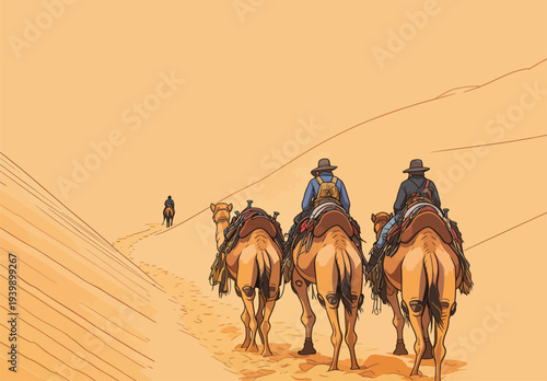Group of people ride camels along a sandy path in a desert landscape with a single rider in the distance.