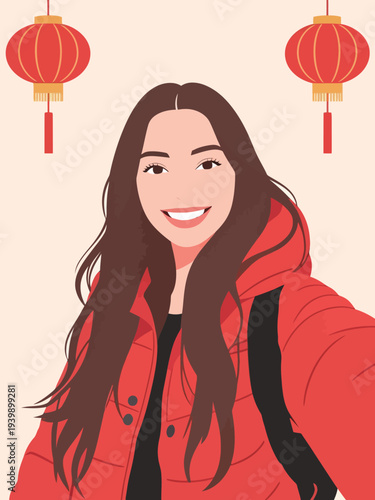 A woman smiles and takes a selfie while wearing a red jacket. Lanterns are visible in the background, indicating a celebration.