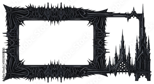 Gothic Ornate Frame with Spiky Dark Architectural Elements and Castle Turrets