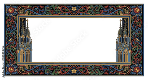Gothic Ornate Frame with Architectural Elements and Floral Motifs