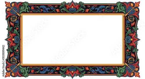 Ornate Rectangular Frame with Intricate Floral and Geometric Patterns in Red, Blue, and Green