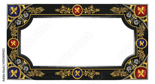 Ornate Decorative Frame with Heraldic Symbols and Golden Flourishes