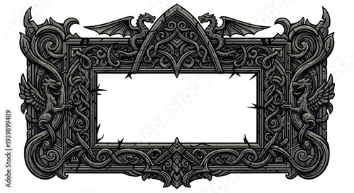 Ornate Gothic Dragon Frame Border - Ancient Stone Carving with Mythical Creatures