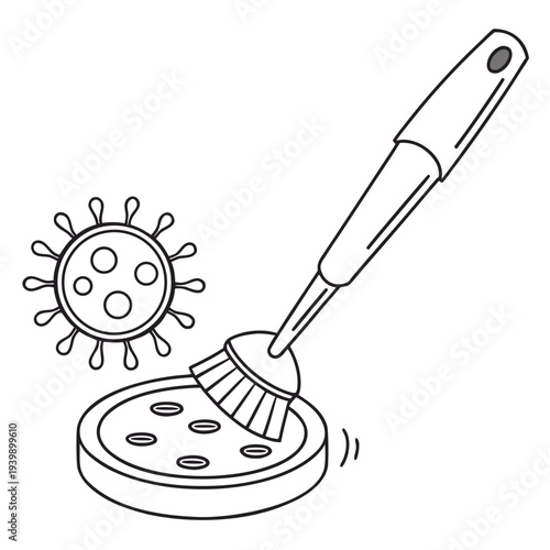 Virus particle with cleaning brush on petri dish vector illustration, scientific and medical research graphic