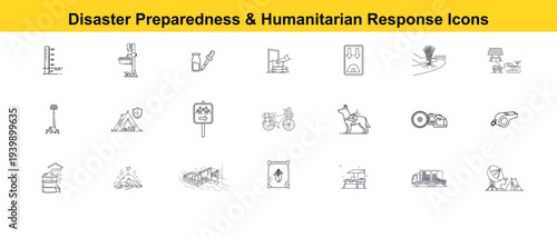 Collection of illustrated icons representing disaster preparedness and humanitarian response, designed in a simple line style. Ideal for educational resources, infographics.