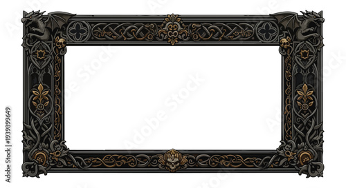 Ornate Gothic Frame with Dragons and Skulls, Dark Fantasy Border