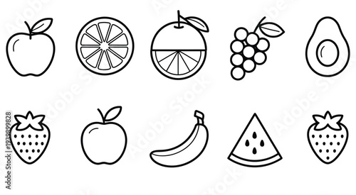 fruit icons set, simple line drawing style collection of apple banana orange strawberry pineapple grape watermelon mango cherry pear lemon peach kiwi avocado papaya clean outline vector for healthy fo