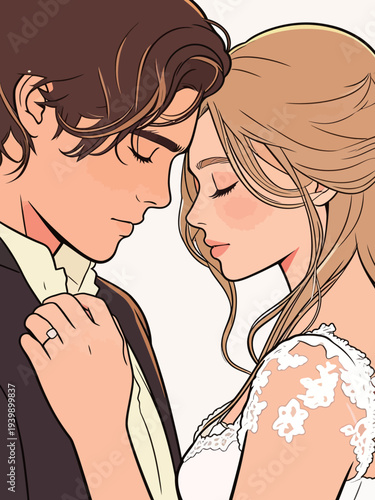 A couple stands close together with eyes shut, showing love and connection on their wedding day in a cozy indoor space.