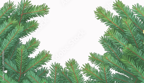 Green pine branches stretch towards the center from corners, creating a frame around an empty white area suitable for text or design.