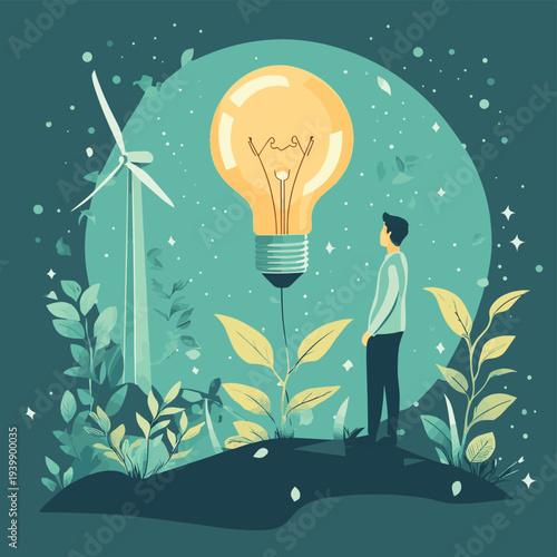 Man cultivating green energy idea with a lightbulb plant and wind turbine , vector style simple color