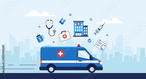 Ambulance Car with Medical Symbols, Healthcare and Emergency Services Concept