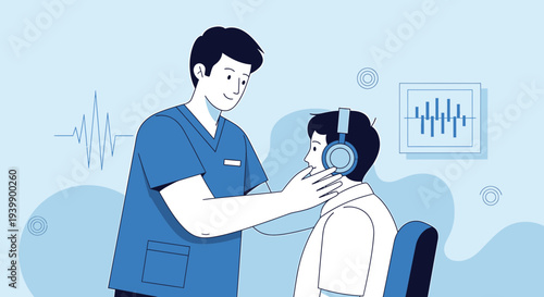 Audiologist performing hearing test on child with headphones, medical checkup, sound waves