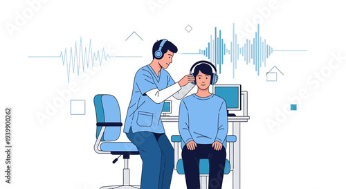 Audiologist performing hearing test on patient with headphones, sound waves graphic