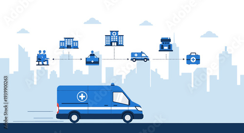 Ambulance and Medical Icons Flowing Through Cityscape, Healthcare Network Concept