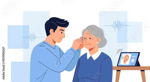 Audiologist examining elderly woman's ear, hearing test, technology, medical care