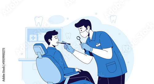 Dentist examining patient's teeth in modern dental clinic, blue color scheme