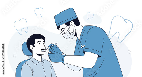 Dentist examining patient's teeth with dental instruments, dental care concept