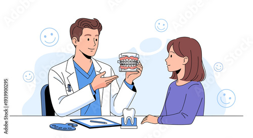 Dentist showing dental model to patient, explaining treatment, smiling faces background