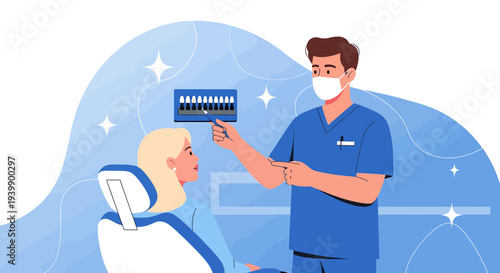 Dentist showing teeth color chart to patient in dental chair, dental examination