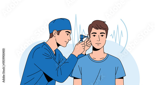 Doctor examining patient's ear with otoscope, hearing test, audiology concept