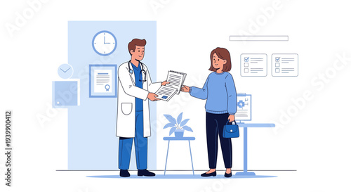 Doctor giving medical document to patient in clinic office