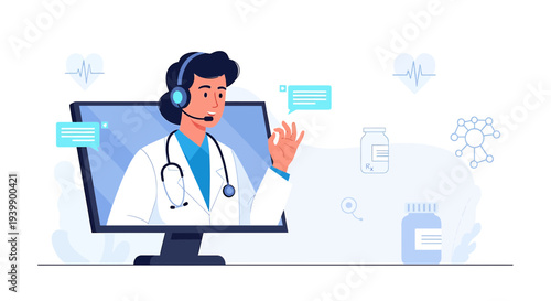 Doctor on computer screen with headset offering telemedicine consultation and medical advice online