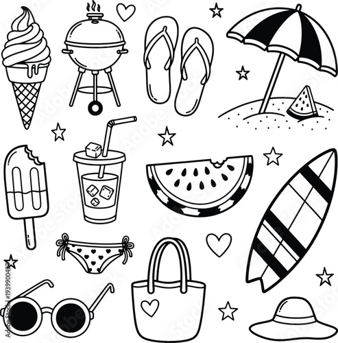 Summer beach vacation essentials featuring ice cream barbecue grill flip flops umbrella watermelon surfboard sunglasses and various hand drawn vector illustration doodle art