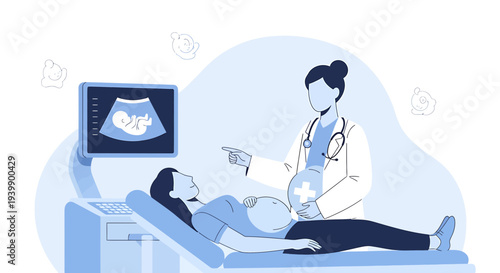 Doctor performs ultrasound on pregnant woman, showing baby on screen, healthcare concept