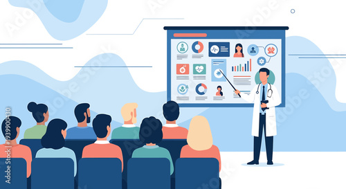 Doctor presenting medical data and charts on screen to audience in conference room