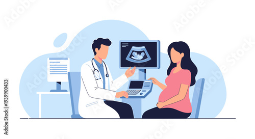 Doctor showing ultrasound scan of baby to pregnant woman at clinic