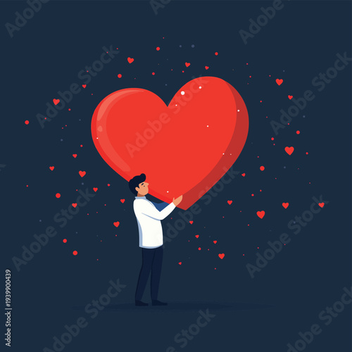 Businessman carrying a huge heart, symbolizing emotional burden and stress , vector style simple color