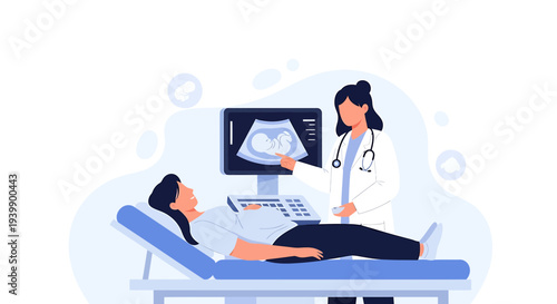 Doctor showing ultrasound scan of pregnant woman's baby on monitor during medical examination