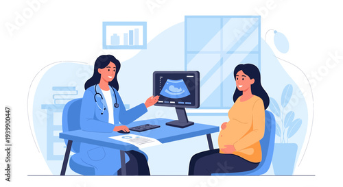 Doctor showing ultrasound scan to pregnant woman during prenatal checkup in clinic