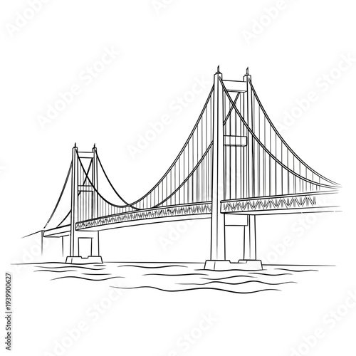 Golden Gate Bridge over calm water minimalist line art vector illustration