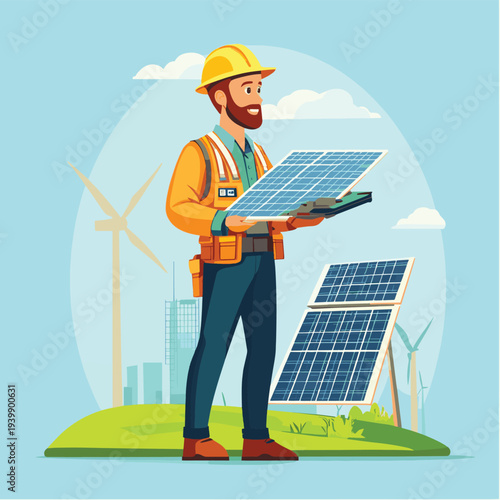 Engineer promoting green energy solutions with solar panels and wind turbines , vector style simple color