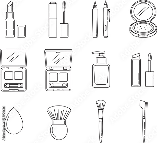Set of cosmetic beauty products and makeup tools including lipstick mascara eyeshadow and brushes for skin care hand drawn vector illustration doodle art