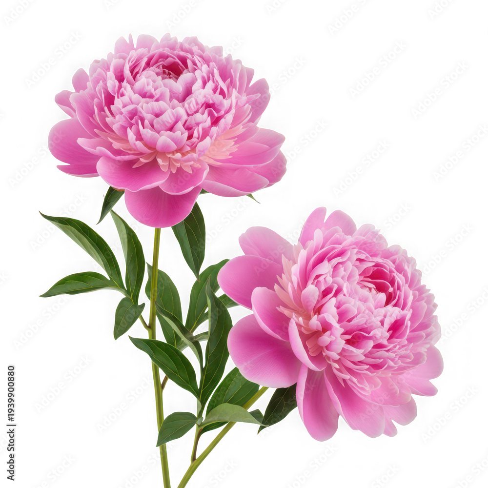 Obraz premium Pink peonies with green leaves on transparent background