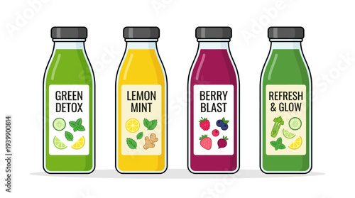 Flat vector illustration of colorful detox juice bottles with labels showing lemon, mint, cucumber, and berries