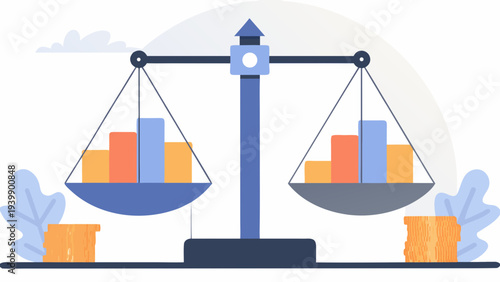 Balanced business data on scales showing equality