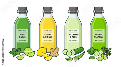 Flat vector illustration of colorful detox juice bottles with labels showing lemon, mint, cucumber, and berries