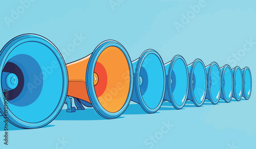 A row of colorful megaphones stands against a light blue background. The megaphones are arranged in a straight line with vibrant colors.