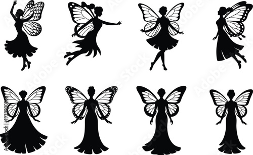 Fairy silhouette illustration showing magical winged figures in dynamic and static poses, fantasy theme, mythical creatures, enchantment, and decorative artwork.