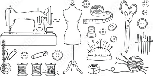 Vintage sewing machine and tailoring tools with mannequin needles scissors and craft supplies for handmade fashion design projects hand-drawn vector illustration doodle art