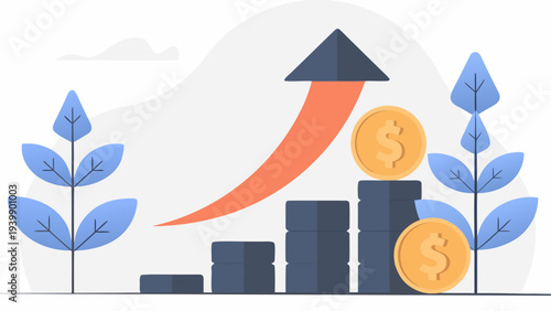 Growing investment graph with coins and plants