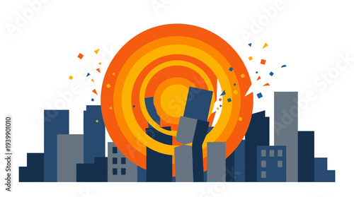 City view with explosion clouds