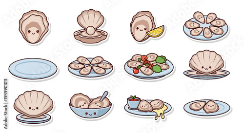 Kawaii Oyster and Scallop Sticker Set, Cute Seafood Character with Pearl and Lemon, Funny Shellfish Vector Illustration Collection