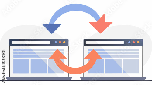 Synchronized laptops with arrows exchanging data seamlessly
